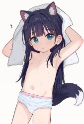  1girl ? animal_ears arms_up black_hair blue_eyes bow bow_panties collarbone dot_nose drying drying_hair flat_chest floral_print gachigachi light_blush loli long_hair looking_at_viewer navel nipples nude open_mouth original panties pink_bow print_panties simple_background solo standing star_(symbol) star_print tail towel towel_on_head underwear wet wet_hair white_background white_panties 
