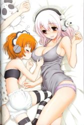  2girls :&gt;= :d age_difference android ass bandeau bed bed_sheet black_legwear bloomers blush breast_sucking breast_sucking_through_clothes breasts cleavage clenched_hand closed_eyes crease curvy drooling embarrassed fingernails flat_ass flat_chest flying_sweatdrops frilled_panties frills from_above from_side headphones highres indoors joints large_breasts loli long_fingernails long_hair lying multiple_girls mushroom nitroplus no_bra no_pants official_art on_side onee-loli open_mouth orange_hair panda panties pink_hair purple_panties red_eyes robot_joints satsurikuin_ouka scan scan_artifacts screw short_hair sideboob size_difference skinny sleep_molestation sleeping smile strap_gap strapless striped_clothes striped_legwear striped_thighhighs super_sonico sweat tank_top thighhighs thighs through_clothes tsuji_santa tube_top underwear white_legwear yuri  rating:Questionable score:343 user:danbooru