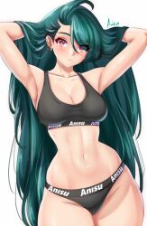  1girl anisdrawn armpits arms_up artist_name black_bra black_panties blush bra breasts cleavage closed_mouth collarbone creatures_(company) earrings game_freak green_hair highres jewelry large_breasts long_hair looking_at_viewer medium_breasts navel nintendo panties pokemon pokemon_sv red_eyes rika_(pokemon) simple_background solo stomach underwear underwear_only very_long_hair white_background  rating:Questionable score:17 user:danbooru