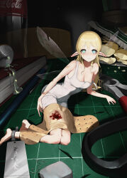  1girl absurdres bandaid bandaid_on_leg blonde_hair blood breasts chips_(food) cleavage coca-cola cola collarbone commentary cutting_board dress english_commentary eraser fairy food highres injury k_hottok looking_at_viewer medium_breasts mini_person minigirl original pliers pointy_ears potato_chips solo strap_slip sweatdrop torn_wings white_dress wings  rating:Sensitive score:21 user:danbooru