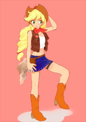 1girl applejack blonde_hair boots cowboy_hat freckles fringe_trim full_body green_eyes hand_on_headwear hat long_hair low-tied_long_hair midriff miniskirt my_little_pony my_little_pony:_friendship_is_magic nail_polish no_nose personification pink_background sideways_glance skirt sleeveless solo thigh_strap tmrn vest rating:Sensitive score:25 user:danbooru