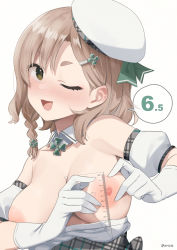  1girl aumann blush braid breasts brown_hair clothes_pull detached_collar gloves hair_ornament hairclip hat highres large_areolae large_breasts looking_at_viewer measuring nipples one_eye_closed open_mouth original set_square simple_background solo speech_bubble upper_body white_background white_gloves white_hat  rating:Questionable score:66 user:danbooru