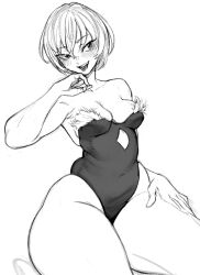  1girl aeyga_x blush breasts capcom leotard lilith_aensland short_hair small_breasts thick_thighs thighs traditional_media vampire_(game) wide_hips 