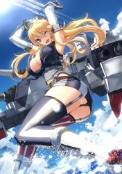 10s 1girl ahoge armpits arms_up ass asymmetrical_legwear bare_shoulders belt belt_buckle black_panties black_vest blonde_hair blue_eyes blue_sky breasts buckle cannon cleavage colored_stripes contrail corset day elbow_gloves from_below garter_straps gloves grey_hat hat highres iowa_(kancolle) kantai_collection large_breasts long_hair looking_at_viewer looking_down machinery miniskirt mismatched_legwear panties skirt sky solo splashing star-shaped_pupils star_(symbol) striped_clothes striped_skirt striped_thighhighs symbol-shaped_pupils thighhighs tsuuhan turret underwear upskirt vertical-striped_clothes vertical-striped_skirt vertical-striped_thighhighs very_long_hair vest water white_gloves wrist_cuffs rating:Questionable score:19 user:danbooru