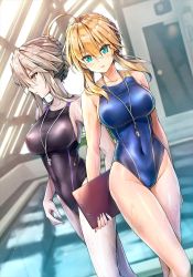 2girls ahoge arms_at_sides artoria_pendragon_(fate) artoria_pendragon_(lancer)_(fate) artoria_pendragon_(lancer_alter)_(fate) black_one-piece_swimsuit blonde_hair blue_eyes blue_one-piece_swimsuit braid breasts clipboard commentary_request competition_swimsuit covered_navel cowboy_shot crown_braid dutch_angle fate/apocrypha fate/grand_order fate_(series) hair_between_eyes indoors koyuki_(kotatsu358) large_breasts long_hair multiple_girls one-piece_swimsuit pool profile rei_no_pool sidelocks silver_hair standing swept_bangs swimsuit whistle whistle_around_neck yellow_eyes rating:Sensitive score:41 user:danbooru