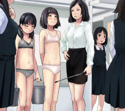 6+girls arms_behind_back black_eyes black_hair blush bra breasts bucket bucket_of_water clenched_teeth embarrassed female_focus highres holding holding_bucket humiliation loli looking_down multiple_girls original panties punishment rensyu school school_uniform short_hair short_twintails small_breasts standing teacher teeth twintails underwear rating:Questionable score:81 user:rorikoncarne