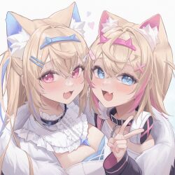  2girls absurdres animal_ear_fluff animal_ears bandaid_hair_ornament black_collar blonde_hair blue_eyes collar colored_inner_animal_ears dog_ears dog_girl fang fur-trimmed_jacket fur_trim fuwawa_abyssgard hair_ornament hairband headband headphones headphones_around_neck highres hololive hololive_english jacket long_hair midori_xu mococo_abyssgard multicolored_hair multiple_girls open_mouth pink_eyes pink_hairband pink_headband siblings simple_background sisters skin_fang streaked_hair twins v virtual_youtuber white_background x_hair_ornament 