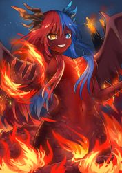  1girl absurdres areola_slip bare_arms bare_back bare_legs bare_shoulders blue_eyes blue_hair blue_horns bottomless breasts bright_pupils censored claws cleavage colored_skin commission commissioner_upload completely_nude crotch dark_areolae dragon_girl dragon_horns fang fire gradient_horns hair_between_eyes hair_over_breasts heterochromia highres horns inferna_dragnis_(xoldrek) large_breasts long_hair looking_at_viewer magic monster_girl multicolored_hair multicolored_horns navel night night_sky nude original pointy_ears red_hair red_horns red_skin scales sky smile solo split-color_hair tail topless transformation two-tone_hair usagi1923 very_long_hair volcano white_pupils wings  rating:Explicit score:30 user:danbooru