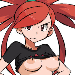 1girl blush breasts clothes_lift creatures_(company) embarrassed flannery_(pokemon) frown game_freak gomatarou_(pixiv196136) gym_leader looking_at_viewer lowres nintendo nipples pokemon pokemon_rse red_hair shirt_lift simple_background white_background rating:Explicit score:106 user:Johnny007