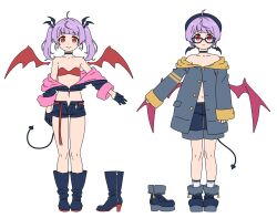  1boy 1girl :&gt; ahoge bandeau bare_shoulders beret black_choker black_footwear black_gloves blue_footwear blunt_bangs boots character_sheet choker closed_mouth coat commentary_request demon_boy demon_girl demon_tail demon_wings denim denim_shorts detached_wings dual_persona expressionless flat_chest full_body genderswap genderswap_(ftm) glasses gloves grey_coat hat high_heel_boots high_heels highres jacket jacket_partially_removed long_hair long_sleeves magari_(c0rn3r) medium_hair mochi_hiyoko mochipro off_shoulder open_fly partially_unbuttoned partially_unzipped platform_boots platform_footwear purple_hair red_bandeau red_eyes revealing_clothes short_hair short_shorts shorts simple_background smile socks standing tail twintails virtual_youtuber white_socks wing_hair_ornament wings 