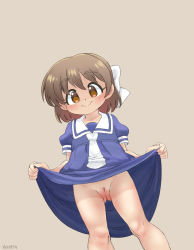  1girl artist_name blush brown_eyes brown_hair clannad cleft_of_venus clitoris clothes_lift dress dress_lift dutch_angle female_focus from_below grey_background hair_ornament hair_ribbon highres lifting_own_clothes loli looking_at_viewer looking_down necktie no_panties okazaki_ushio puffy_short_sleeves puffy_sleeves pussy ribbon sailor_collar sailor_dress short_sleeves simple_background smile solo standing uncensored yokappa_(jokappa)  rating:Explicit score:194 user:sytalidis