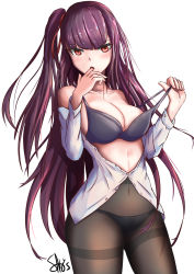 1girl :o absurdres bare_shoulders black_bra black_panties black_pantyhose blunt_bangs bra breasts cleavage collarbone covered_navel cowboy_shot finger_in_own_mouth girls&#039;_frontline highres large_breasts long_hair long_sleeves looking_at_viewer navel off_shoulder one_side_up open_clothes open_mouth open_shirt panties panties_under_pantyhose pantyhose partially_unbuttoned pulled_by_self purple_eyes red_eyes sato_art shirt signature simple_background solo standing straight_hair strap_pull thighband_pantyhose tsurime underwear very_long_hair wa2000_(girls&#039;_frontline) white_background white_shirt rating:Sensitive score:23 user:danbooru