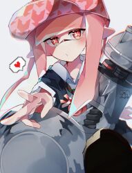  1girl absurdres baseball_cap gun hat heart highres holding holding_gun holding_weapon inkling inkling_girl inkling_player_character long_hair looking_at_viewer mozmilk nautilus_(splatoon) nintendo o3o pink_hair pink_hat pointy_ears red_eyes simple_background solo splatoon_(series) splatoon_3 spoken_heart tentacle_hair v weapon white_background 