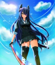  10s 1girl beach eyepatch gradient_background kantai_collection long_hair solo sword tenryuu_(kancolle) weapon  rating:Sensitive score:7 user:01sexypancakes01