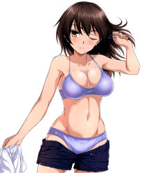  1girl alternate_costume blush bra breasts brown_eyes brown_hair closed_mouth commentary cowboy_shot hair_down highres kaga_(kancolle) kantai_collection large_breasts looking_at_viewer medium_hair one_eye_closed open_fly panties purple_bra purple_panties ribbon short_shorts shorts simple_background solo standing underwear white_background zanntetu 