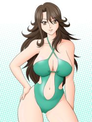  00s 1girl bare_arms bare_shoulders blush breasts brown_eyes brown_hair casual_one-piece_swimsuit center_opening cleavage facing_viewer green_background green_one-piece_swimsuit gundam gundam_00 halftone halftone_background hand_on_own_hip haru_(hall) large_breasts long_hair looking_at_viewer navel one-piece_swimsuit revealing_clothes simple_background solo standing sumeragi_lee_noriega swimsuit wavy_hair wide_hips 