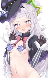  :d black_gloves black_hat bottomless breasts brown_eyes censored censored_nipples cocozasa fang gloves hat heart heart-shaped_pupils hololive loli long_hair long_sleeves looking_at_viewer murasaki_shion murasaki_shion_(1st_costume) navel novelty_censor open_mouth small_breasts smile striped_sleeves symbol-shaped_pupils virtual_youtuber white_hair witch_hat 