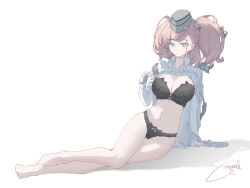  1girl absurdres atlanta_(kancolle) black_bra black_hat black_panties bra breasts brown_hair corinalyce1 dress_shirt earrings garrison_cap gloves grey_eyes hat highres jewelry kantai_collection large_breasts long_hair long_sleeves navel panties partially_fingerless_gloves partially_unbuttoned shirt single_earring solo star_(symbol) star_earrings two_side_up underwear white_gloves white_shirt 