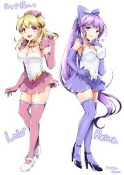  2girls artist_name blonde_hair blue_eyes breasts character_name cleavage commission covered_navel covered_erect_nipples karaage_karara long_hair medium_breasts multiple_girls open_mouth original ponytail purple_hair red_eyes short_hair skeb_commission smile standing thighhighs 