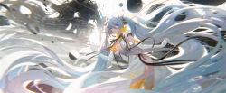  1girl blue_eyes blue_hair bow breasts cowboy_shot dress earrings elbow_gloves floating_hair gloves hair_ornament hand_up hatsune_miku headgear highres jewelry leaning_forward long_hair motion_blur orb outstretched_arm side_slit solo thighhighs twintails very_long_hair vocaloid white_background white_dress white_gloves white_thighhighs yellow_bow yellow_thighhighs ying_yi  rating:Sensitive score:15 user:danbooru