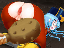  1girl anus ass ass_juice bdsm bent_over blue_hair bodysuit bondage boots bound cameltoe censored chunsoft club_(weapon) dragon_quest dragon_quest_iii enix fucked_silly gaping gaping_anus gloves hat imminent_anal imminent_insertion imminent_object_insertion imminent_penetration latex long_hair open_mouth priest_(dq3) pussy red_eyes saliva scared spread_legs sweat tears top-down_bottom-up torn_clothes trubka weapon  rating:Explicit score:33 user:Tollhouse