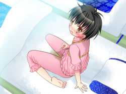  1boy barefoot bed bedwetting black_hair blush brown_eyes chijoku_an feet highres looking_at_viewer male_focus pajamas peeing peeing_self shota solo trap  rating:Questionable score:69 user:Mao