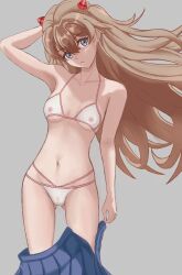  1girl artist_request bare_arms bare_legs bikini bikini_under_clothes blue_eyes breasts brown_hair clothes_lift floating_hair hair_between_eyes highres long_hair medium_breasts neon_genesis_evangelion pink_background see-through shiny_skin skirt skirt_lift solo souryuu_asuka_langley swimsuit thong thong_bikini undressing white_bikini  rating:Questionable score:3 user:popotepopote