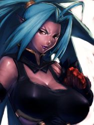  00s 1girl ahoge arad_ahoge blue_hair breasts cleavage covered_erect_nipples dungeon_and_fighter fumio_(rsqkr) large_breasts long_hair orange_eyes roxy_(dungeon_and_fighter) solo  rating:Questionable score:36 user:danbooru