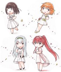 4girls bare_shoulders blush breasts brown_hair champagne_flute chibi crab cup dress drinking_glass fubuki_(kancolle) hairband highres holding holding_cup kantai_collection long_hair multiple_girls oboro_(kancolle) official_art open_mouth orange_hair petals poipoi_purin ponytail red_hair short_hair shoukaku_(kancolle) simple_background sleeveless sleeveless_dress small_breasts standing white_background white_dress yamato_(kancolle)