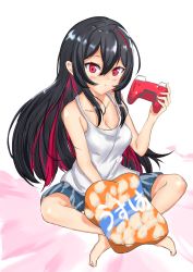  1girl absurdres anemone bare_shoulders bed_sheet black_hair blush breasts camisole chips_(food) cleavage collarbone colored_inner_hair controller crossed_legs food game_controller hair_between_eyes highres long_hair looking_at_viewer medium_breasts multicolored_hair potato_chips pout red_eyes red_hair ren_(witch&#039;s_weapon) shorts sitting solo very_long_hair white_background white_camisole witch&#039;s_weapon 