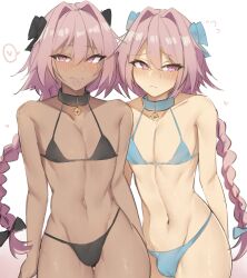  2boys androgynous astolfo_(fate) bell bikini black_bikini blue_bikini blush bow braid braided_ponytail bulge collar cowboy_shot crossdressing dark-skinned_male dark_skin fang fate/grand_order fate_(series) flying_sweatdrops gradient_background hair_bow hair_intakes heart highres jingle_bell long_hair looking_at_viewer male_focus multiple_boys multiple_persona nabibutter naughty_face navel neck_bell penis_in_swimsuit pink_eyes pink_hair skin_fang swimsuit thong thong_bikini tongue tongue_out trap very_long_hair wide_hips 