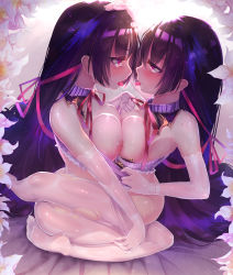 2girls black_hair blush breast_fight breast_press breasts catfight dk.senie elbow_gloves eye_contact feet flower gloves hair_ribbon hand_on_another&#039;s_head highres large_breasts long_hair looking_at_another multiple_girls nipples no_shoes original pantyhose pink_eyes ribbon saliva saliva_trail selfcest soles symmetrical_docking tears tongue tongue_out torn_clothes white_legwear yuri rating:Explicit score:101 user:danbooru