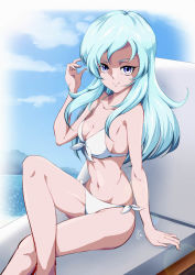 1girl bare_arms bare_legs bikini blue_eyes breasts cleavage closed_mouth collarbone crossed_legs dated front-tie_bikini_top front-tie_top groin hair_down happinesscharge_precure! hosshiwa lens_flare long_hair medium_breasts navel precure side-tie_bikini_bottom sideboob signature silver_hair smile solo straight_hair strap_gap swimsuit tomo5656ky white_bikini 