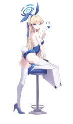  1girl absurdres animal_ears blonde_hair blue_archive blue_eyes blue_footwear blue_leotard breasts chair cheosnuni closed_mouth fake_animal_ears fake_tail full_body halo high_heels highres leotard long_hair looking_at_viewer medium_breasts one_eye_closed rabbit_ears rabbit_tail simple_background solo strapless strapless_leotard tail thighhighs toki_(blue_archive) toki_(bunny)_(blue_archive) v white_background white_thighhighs wrist_cuffs  rating:Sensitive score:17 user:danbooru