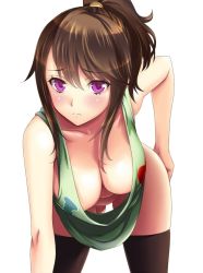 1girl bent_over black_thighhighs blush breasts brown_hair cleavage dmm downblouse ero-kawa_master! extended_downblouse frown gluteal_fold hand_on_own_hip hanging_breasts large_breasts leaning_forward looking_at_viewer loose_clothes loose_shirt menda_yuma naked_shirt no_bra no_panties ponytail purple_eyes shirt simple_background sleeveless solo thigh_gap thighhighs transparent_background white_background rating:Questionable score:290 user:danbooru