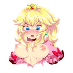 1girl blonde_hair blue_eyes blush bow breasts crown earrings jewelry large_breasts long_hair mario_(series) nintendo nipples open_clothes open_mouth princess_peach simple_background solo tears torn_clothes upper_body yukimimi rating:Questionable score:82 user:danbooru