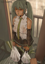  &gt;_&lt; 1girl alternate_breast_size aqua_hair bag black_footwear black_skirt black_sleeves boots breasts collared_shirt commentary covered_erect_nipples detached_sleeves doorway english_commentary full_body green_lips green_necktie hatsune_miku large_breasts long_hair necktie no_bra pov pov_doorway rain see-through see-through_shirt shirt shopping_bag skirt sleeveless sleeveless_shirt solo_focus spring_onion thigh_boots thighhighs tumtumisu twintails very_long_hair vocaloid wet wet_clothes white_shirt zettai_ryouiki 