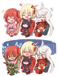 &gt;_&lt; 2koma 6+girls :/ :3 :d :o ^^^ ahoge angry animal_ears asymmetrical_hair blonde_hair blue_eyes blush bob_cut bocchi_the_rock! bow carrying carrying_person carrying_under_arm cat_ears cat_girl cat_tail chibi chinese_commentary closed_eyes comic commentary_request crossover crushing cube_hair_ornament diamond_mouth embarrassed empty_eyes explosion food glitch gloom_(expression) gotoh_hitori gundam gundam_aerial_slap_(meme) gundam_suisei_no_majo hair_between_eyes hair_bow hair_ornament hanging happy headband highres hug inoue_takina juice jx2_(jennyiq) kemonomimi_mode kita_ikuyo long_hair looking_at_another looking_away looking_down looking_to_the_side looking_up lycoris_recoil lycoris_uniform medium_hair meme miorine_rembran mixed-language_commentary multiple_crossover multiple_girls nishikigi_chisato open_mouth ponytail rabbit_ears rabbit_girl raccoon_ears raccoon_girl raccoon_tail red_eyes red_hair scared school_uniform serafuku shaded_face short_hair shuka_high_school_uniform side_ponytail sidelocks smile splashing suletta_mercury tail tomato tomato_juice tsundere upper_body wavy_mouth white_hair worried x3 yellow_eyes yuri