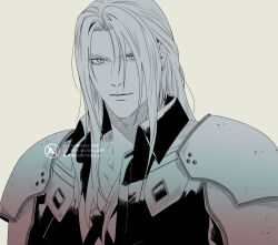  1boy armor black_jacket boooshow chest_strap closed_mouth collared_jacket final_fantasy final_fantasy_vii final_fantasy_vii_rebirth final_fantasy_vii_remake greyscale hair_between_eyes jacket light_smile long_bangs long_hair looking_at_viewer male_focus monochrome parted_bangs sephiroth shoulder_armor slit_pupils solo upper_body 