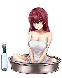  1girl alternate_costume alternate_hairstyle bare_shoulders basin bathing bottle breasts breasts_squeezed_together cleavage closed_mouth collarbone hair_between_eyes hair_down heterochromia highres hololive houshou_marine kinkin18 large_breasts long_hair looking_at_viewer naked_towel partially_submerged pink_hair red_eyes shower_head sitting smile solo spray_bottle towel virtual_youtuber water yellow_eyes 