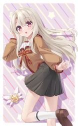  1girl :o artist_name bare_legs black_skirt brown_footwear commentary dot_nose eyes_visible_through_hair fate/kaleid_liner_prisma_illya fate_(series) hair_between_eyes hand_in_own_hair hand_up highres homurahara_academy_school_uniform illyasviel_von_einzbern long_hair long_sleeves looking_at_viewer magical_ruby open_mouth pink_background pleated_skirt puffy_long_sleeves puffy_sleeves red_eyes school_uniform shoes simple_background skirt socks solo star_(symbol) striped_background tokoshibyra twitter_username white_hair white_socks 
