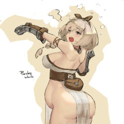 1girl ass bare_hips bare_shoulders blonde_hair blue_eyes blush breasts covered_erect_nipples eyeliner gauntlets gluteal_fold long_hair looking_at_viewer makeup mole mole_under_eye open_mouth original pandea_work pointy_ears pouch pregnant revealing_clothes sideboob solo teeth the_elder_scrolls the_elder_scrolls_v:_skyrim yawning rating:Sensitive score:49 user:danbooru