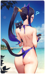  1girl ? ^^^ animal_ears artist_name ass bare_back beach black_cat black_hair blue_eyes blue_one-piece_swimsuit blue_sky blurry blurry_background cat cat_tail cowboy_shot dated day depth_of_field eyeshadow fake_animal_ears hairband halterneck high_ponytail horizon lens_flare long_hair looking_back lvans makeup o-ring o-ring_swimsuit one-piece_swimsuit original outdoors shiny_skin sidelocks sky solo swimsuit tail thighs 