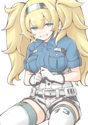  1girl akara_kai blonde_hair blue_eyes blue_panties blue_shirt blush breast_pocket breasts collared_shirt commentary english_commentary gambier_bay_(kancolle) gloves hair_between_eyes hairband highres kantai_collection large_breasts long_hair looking_at_viewer multicolored_clothes multicolored_gloves multicolored_hairband open_mouth panties pocket shirt short_sleeves sitting smile solo sweatdrop thighhighs twintails underwear white_background 
