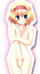 1girl alice_margatroid between_legs blonde_hair blue_eyes blush blush_stickers closed_mouth cropped_legs hair_between_eyes hairband hand_between_legs highres holding kinagi_yuu nude outline red_hairband short_hair simple_background solo touhou rating:Questionable score:5 user:danbooru
