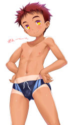  1boy abs armpits blue_male_swimwear blue_swim_briefs blush bulge collarbone cowboy_shot drawstring fang hands_on_own_hips highres looking_at_viewer male_focus male_swimwear navel nipples original red_hair short_hair shota simple_background solo swim_briefs swimsuit takase_yuu tan tanline white_background yellow_eyes  rating:Questionable score:84 user:Jaggerjaques