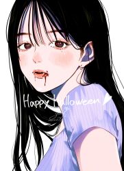  1girl artist_name black_hair blood_on_mouth brown_eyes dated fangs hair_between_eyes happy_halloween highres long_hair mole mole_under_eye open_mouth original purple_shirt shirt short_sleeves signature simple_background solo striped_clothes striped_shirt teeth upper_body white_background yoshino_ganko 