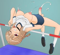  1girl blush braid breasts brown_hair buruma butt_crack clothes_lift colorized cum ejaculation futanari gym_uniform hair_ornament handsfree_ejaculation high_jump lactation mofuringu newhalf nipples penis red_eyes shirt_lift solo testicles track_and_field uncensored white_background wince  rating:Explicit score:174 user:MahouKagamine