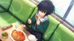  1girl 22/7 22/7_ongaku_no_jikan black_skirt blue_hair bow bowtie brown_eyes cafeteria cherry_tomato closed_mouth collarbone cup drinking_glass dutch_angle food fork from_above game_cg green_bow green_bowtie green_serafuku hair_over_one_eye hands_up highres holding holding_fork indoors lens_flare long_sleeves looking_at_object non-web_source official_art pasta plaid plaid_skirt plate pleated_skirt sailor_collar salad school_emblem school_uniform serafuku short_hair sitting skirt solo spaghetti sparkle sweat takigawa_miu tomato turn_pale water wavy_hair white_sailor_collar window 