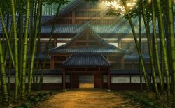  architecture bamboo bamboo_forest bush dappled_sunlight day east_asian_architecture eientei forest game_cg justinas_vitkus landscape leaf nature no_humans official_art open_door outdoors path road sunlight third-party_source touhou touhou_cannonball 